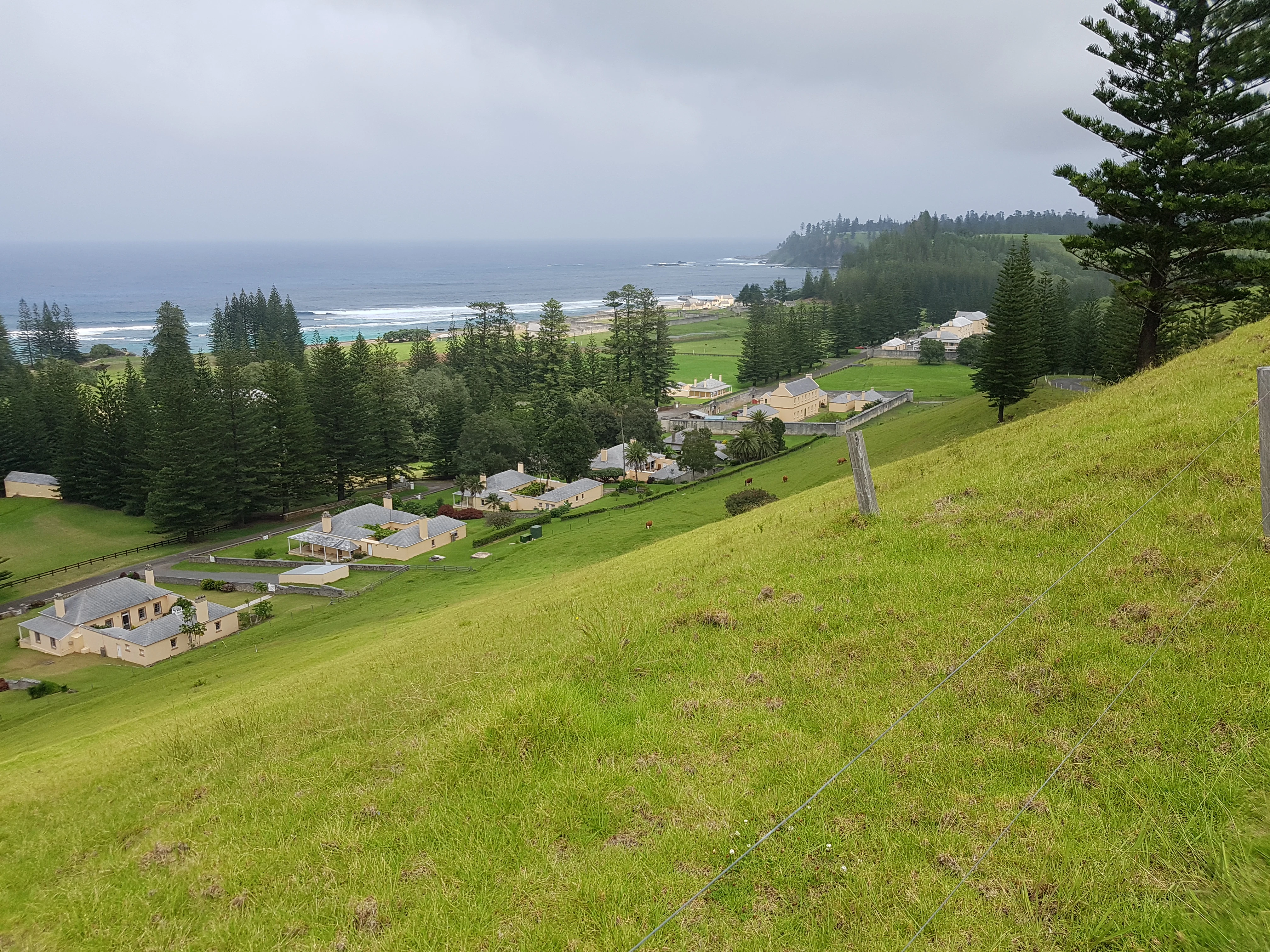 Green grassy hill overlooking coastal village and ocean