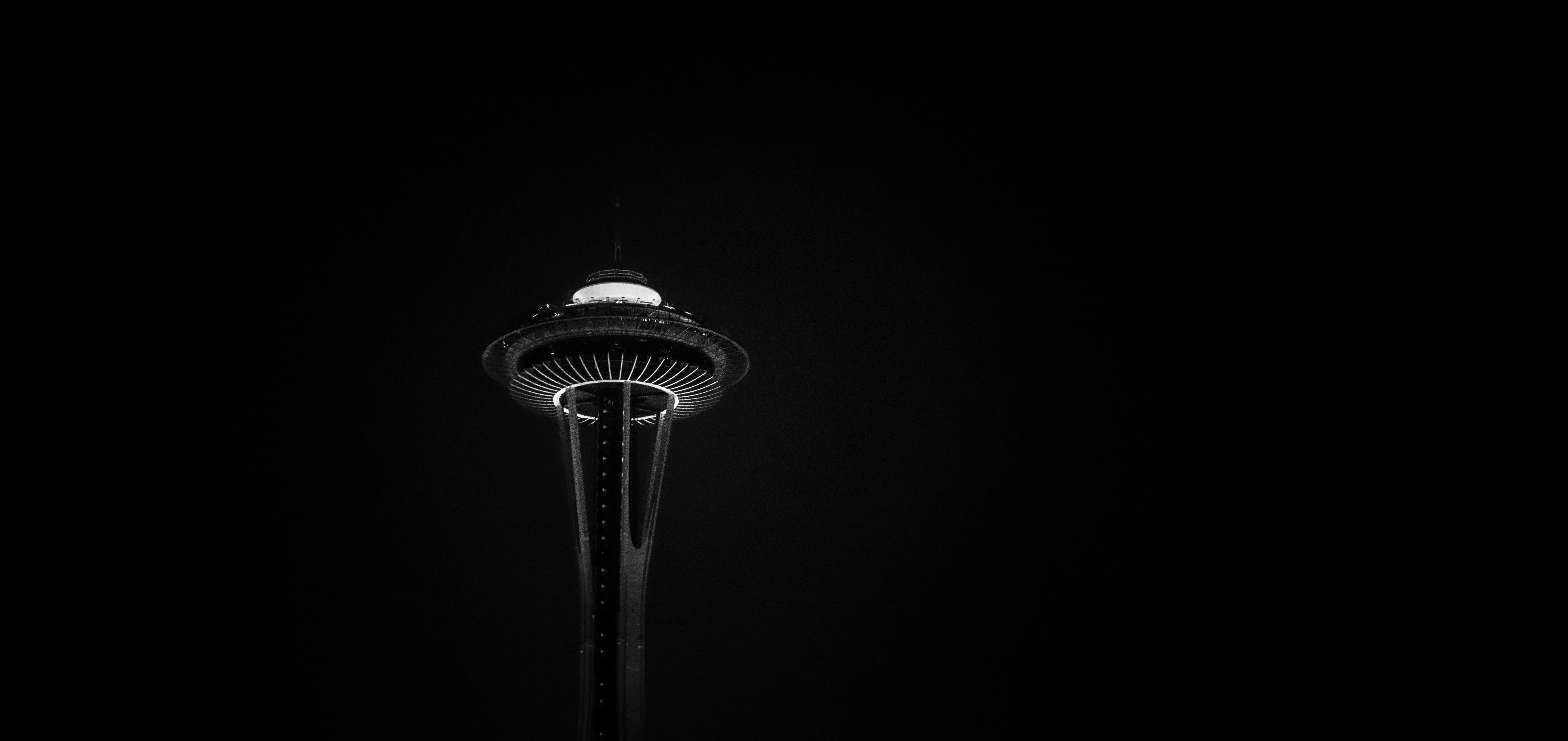 grayscale photo of space needle