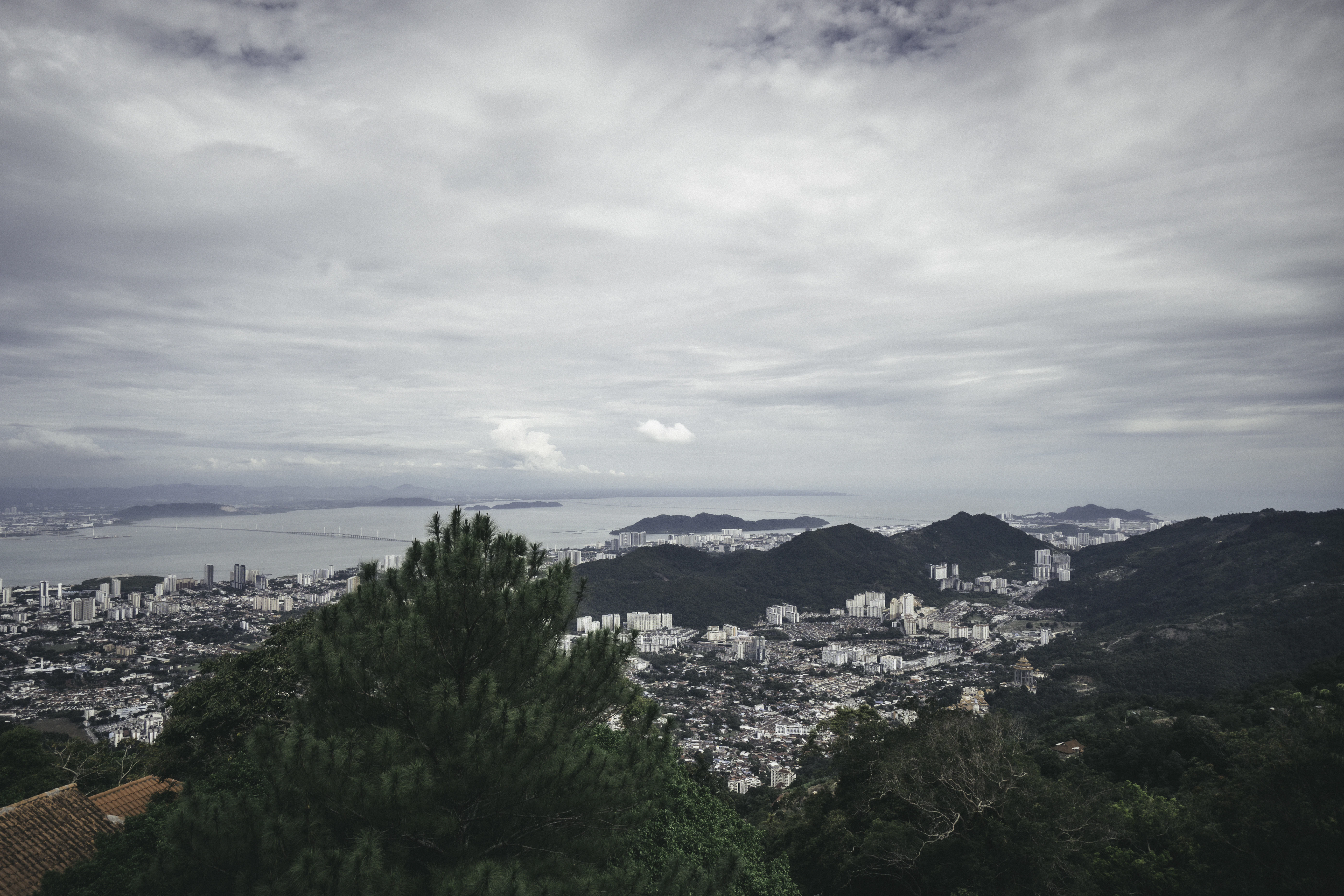 Cityscape overlooking a bay under cloudy sky