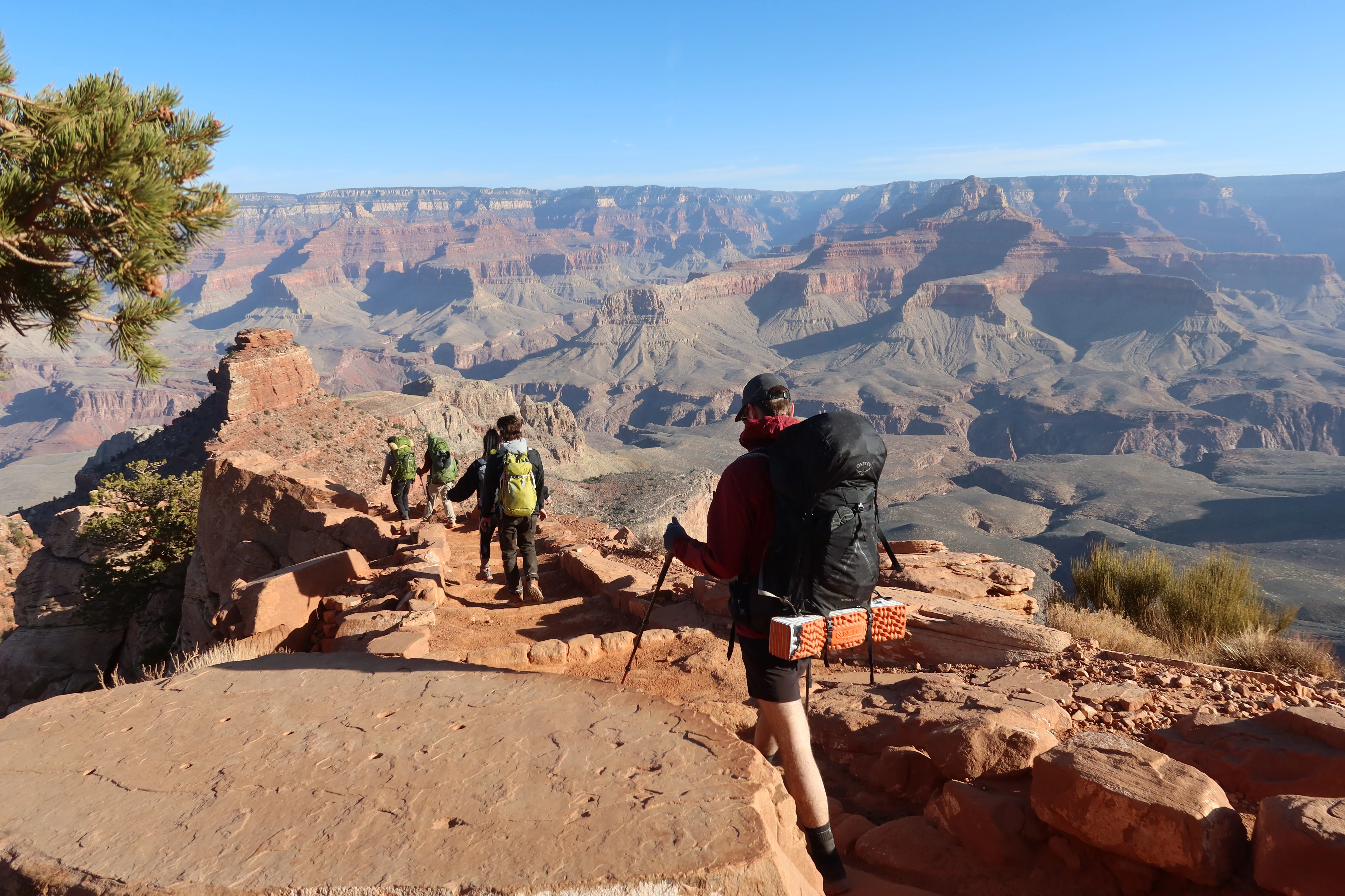 Hikers traverse a scenic trail overlooking the grand canyon.