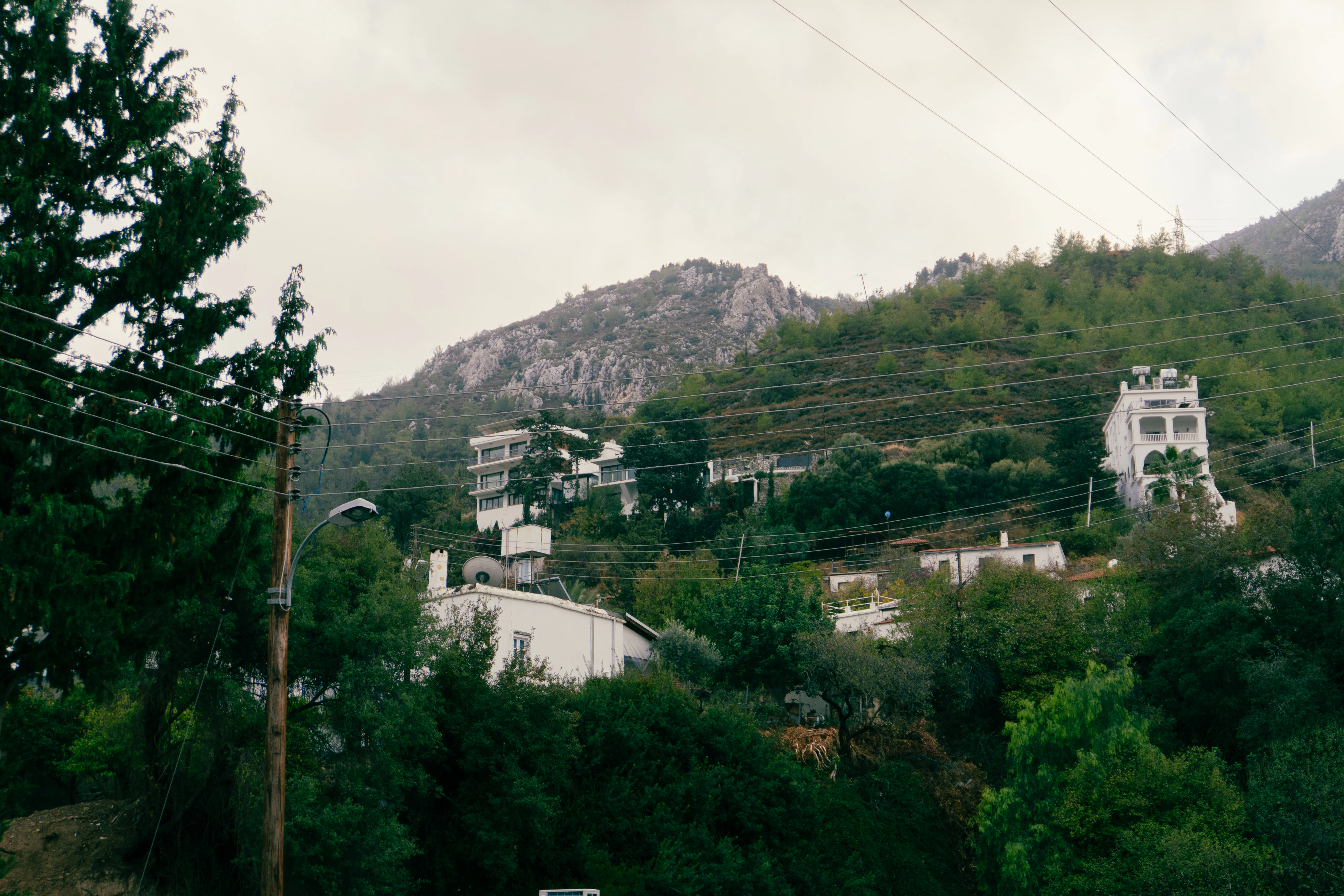 Buildings nestled on a lush, green hillside under mountains.