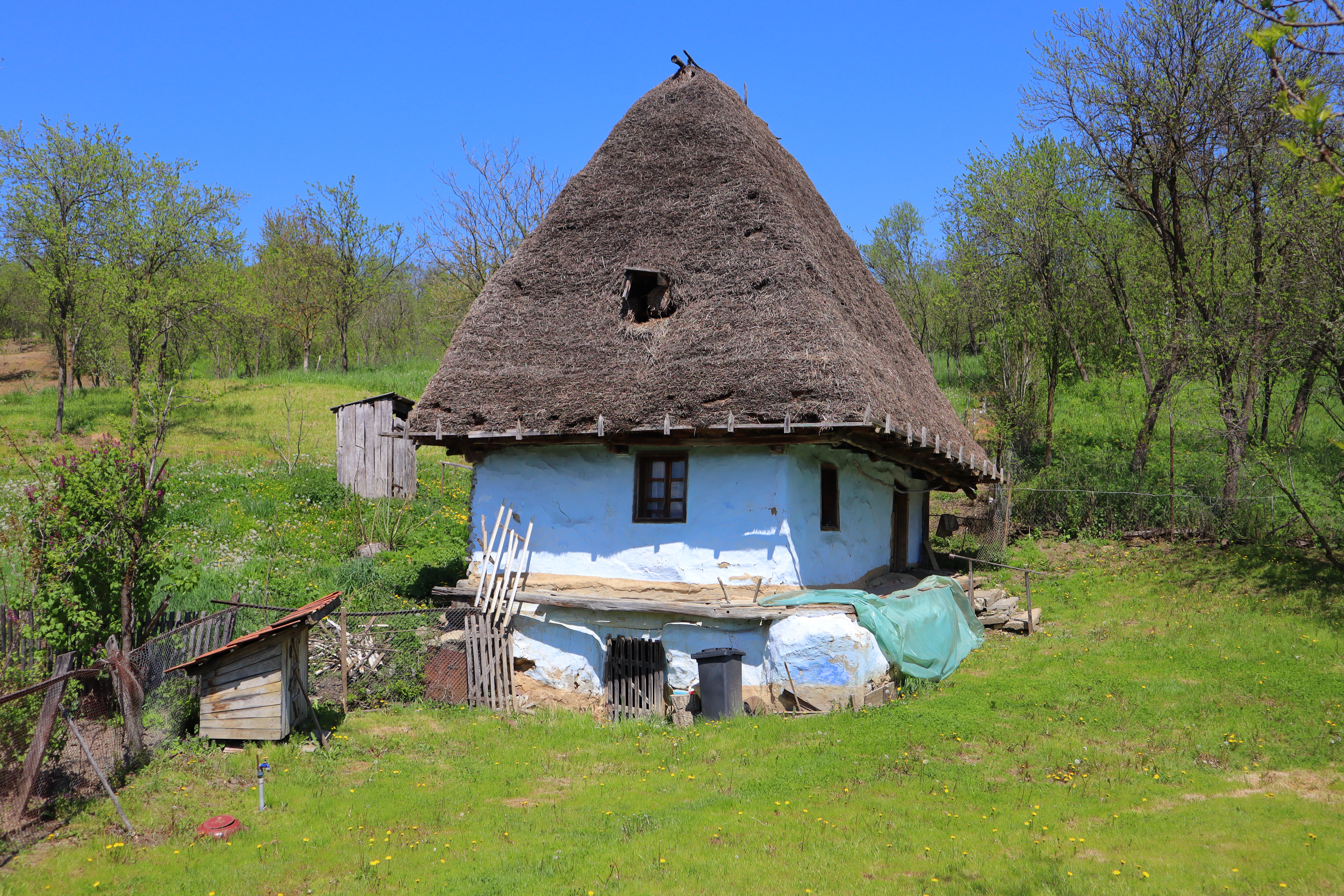 an old thatched house with a thatched roof