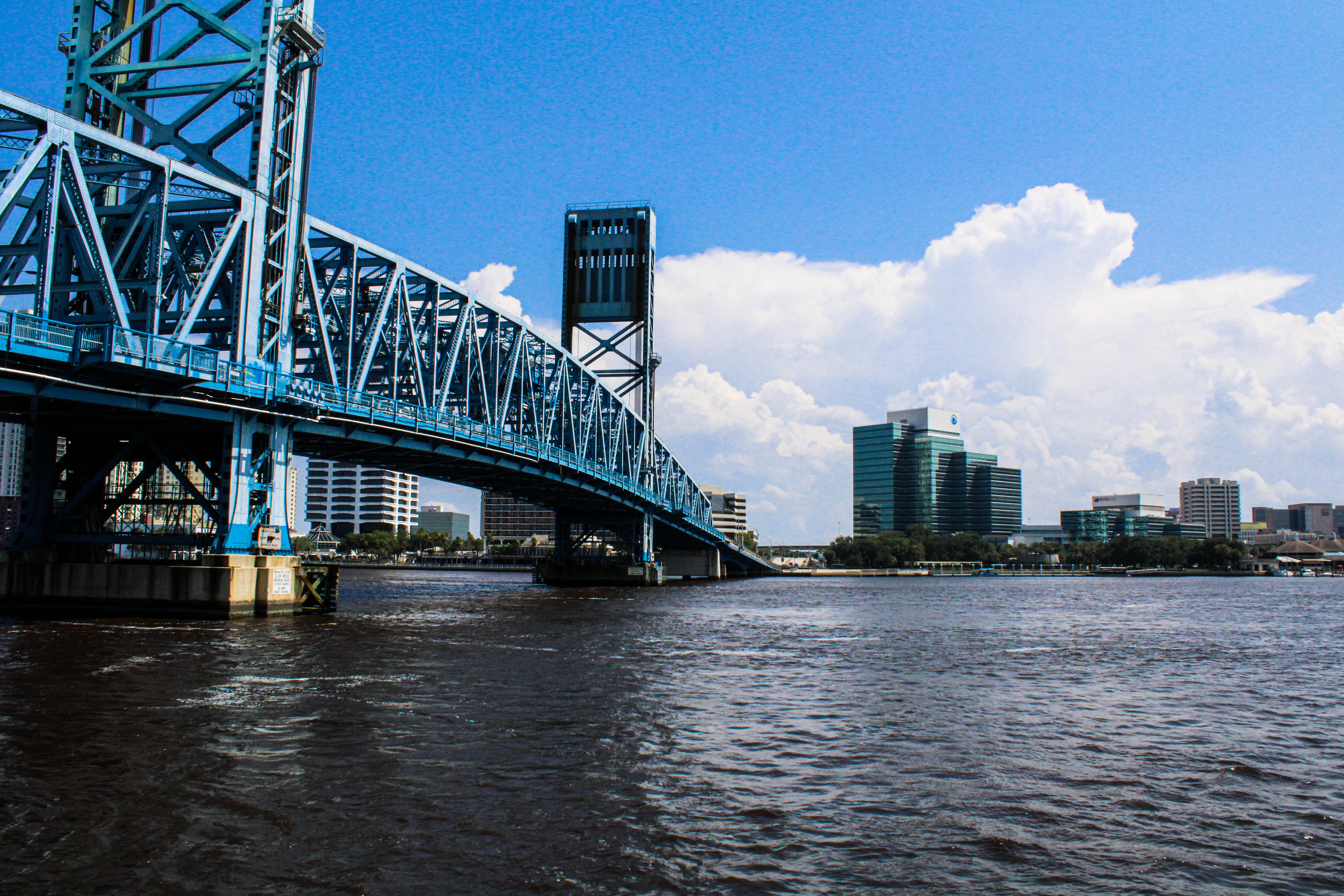 A bridge over a body of water with a city in the background