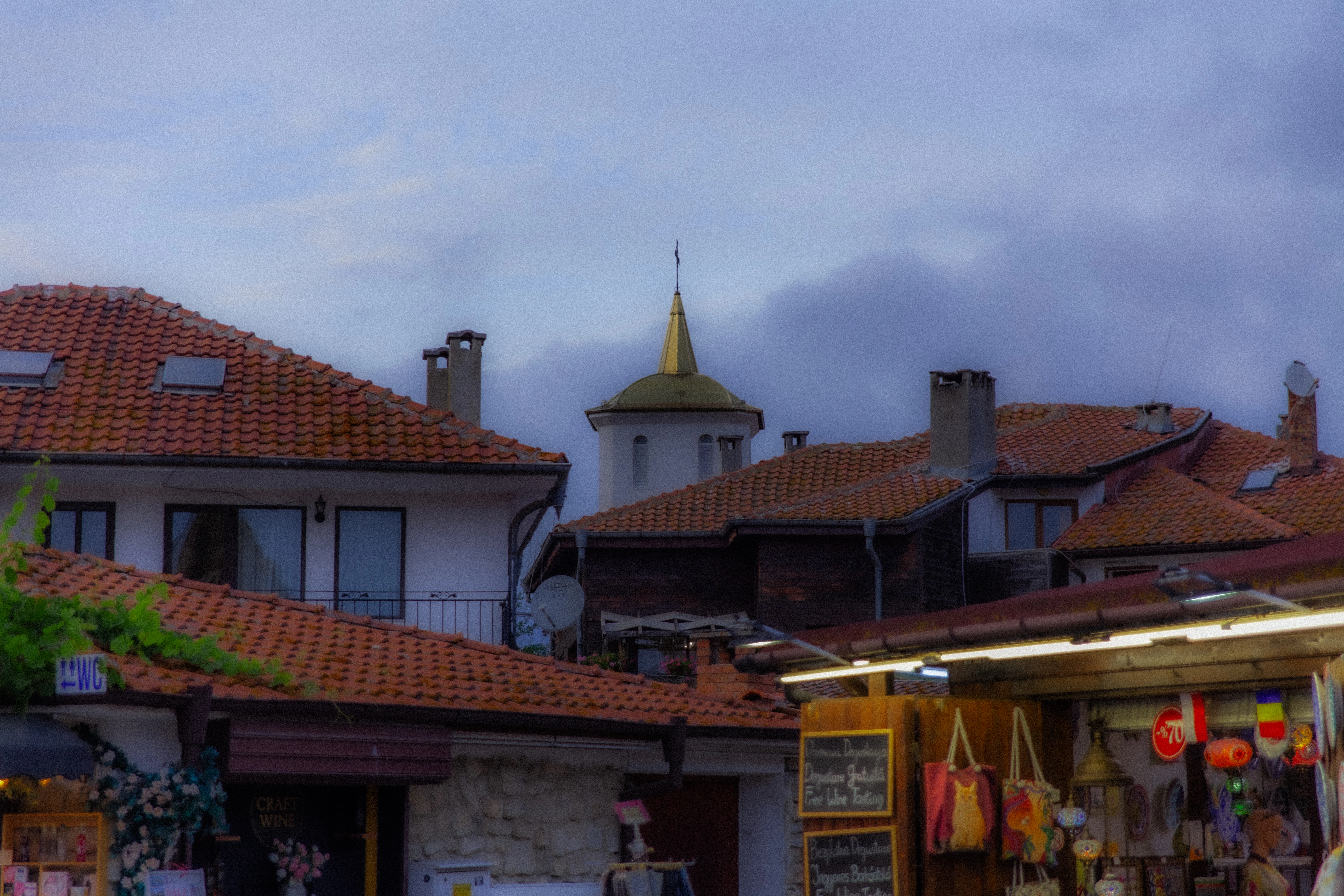 Rooftops and a church spire under cloudy sky.