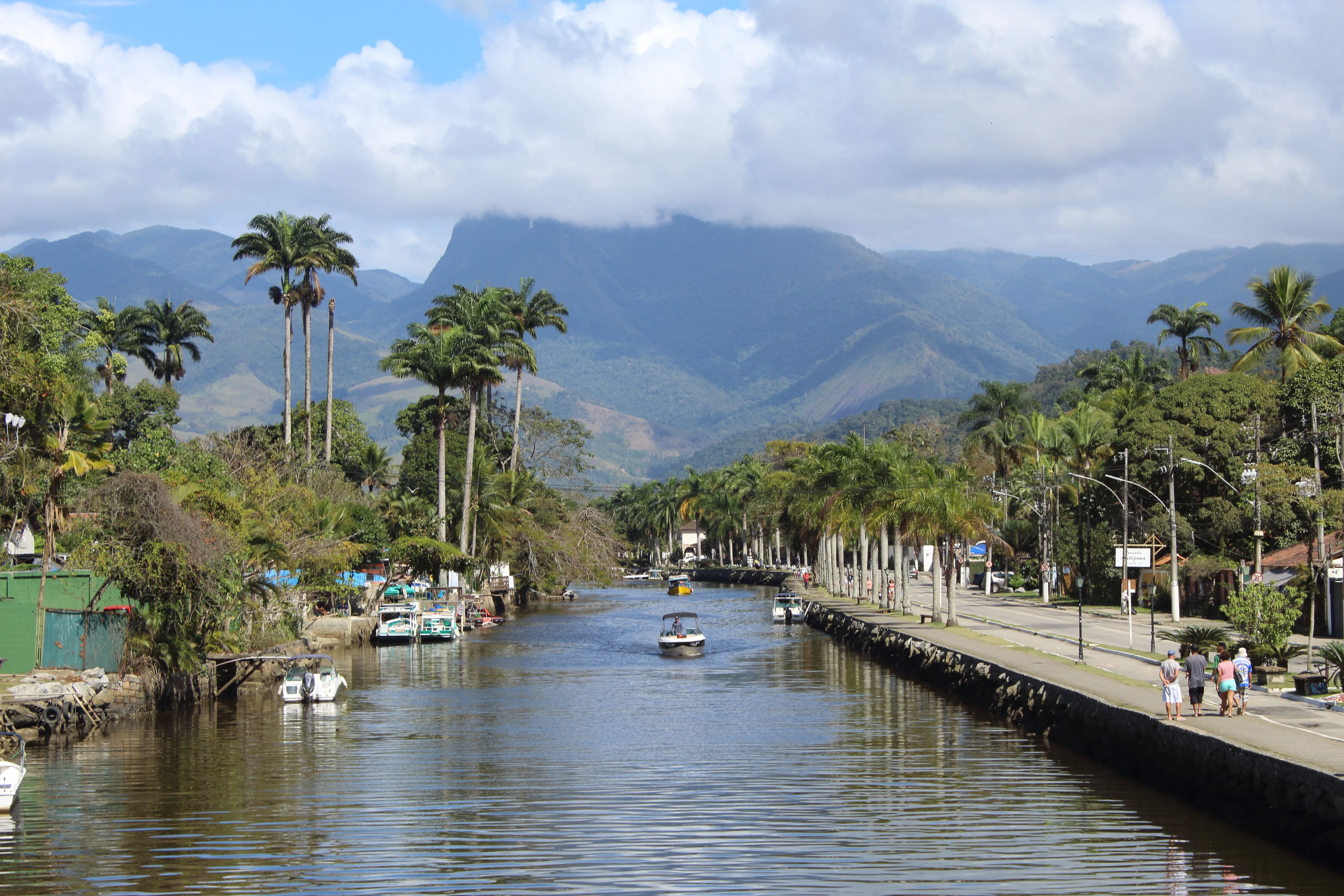 Tropical canal with boats and palm trees leading to mountains.